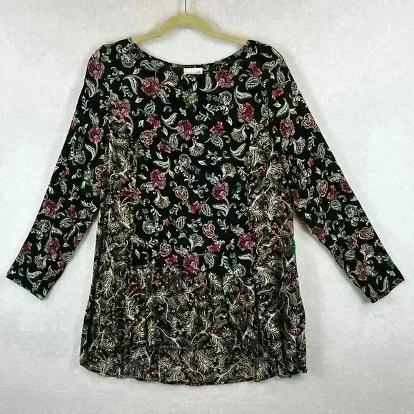 J Jill Top Women’s Medium Black Floral Tunic Long Sleeve Ruffles Boho - Picture 1 of 10